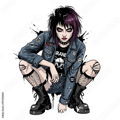 Punk girl squatting, distressed denim jacket, ripped fishnets, combat boots, alternative fashion