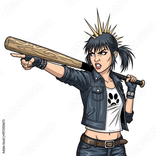 Punk girl with baseball bat, aggressive pose, spiked hair, denim jacket