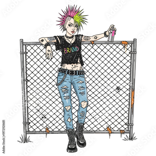 Punk girl with mohawk and ripped jeans leaning on fence with spray can