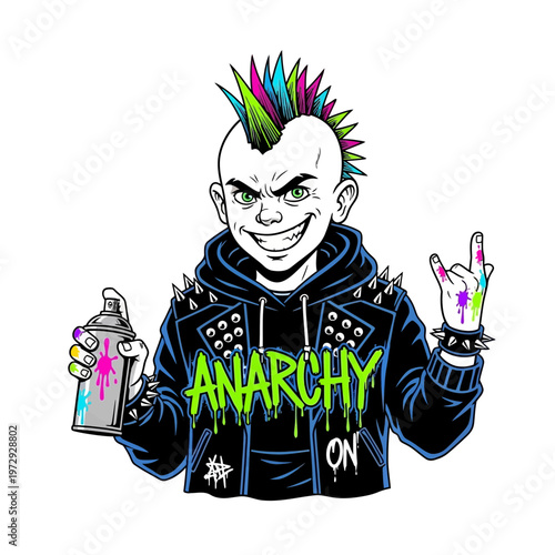 Punk kid with spray can and anarchy jacket, making rock gesture