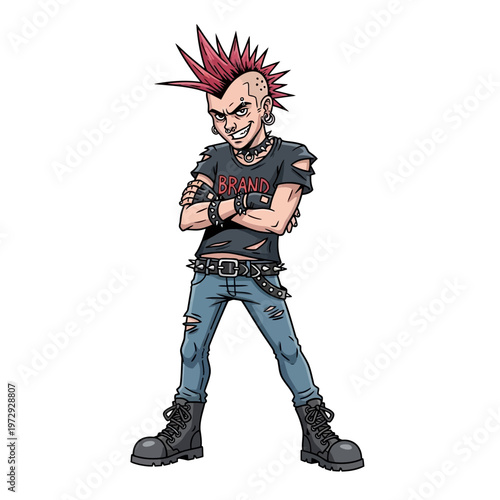Punk rock character with mohawk and ripped clothes, defiant pose