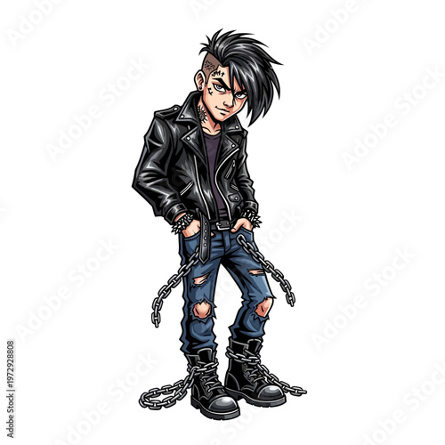 Punk rock boy with leather jacket and chains, rebellious style