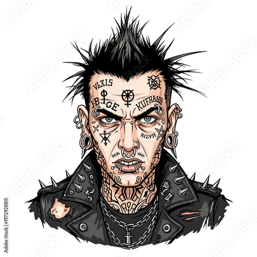 Punk man with face tattoos and piercings, aggressive expression, leather jacket