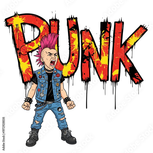 Punk rock kid with mohawk and ripped jeans, text.