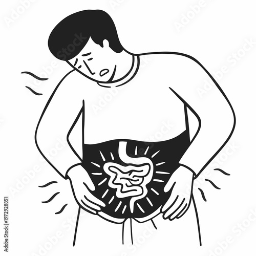 Man with stomach pain, digestive system illustration, abdominal discomfort, healthcare concept