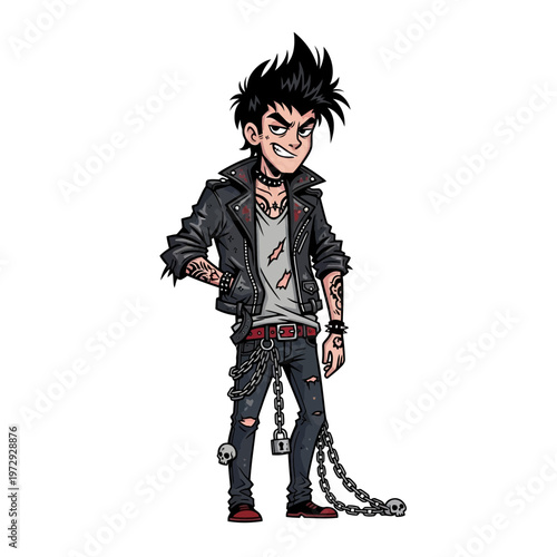 Punk rock teenager with tattoos and chains, edgy style, rebellious attitude