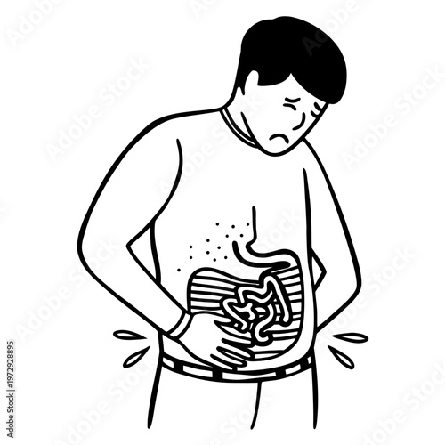 Man with stomach pain, digestive system illustration, abdominal discomfort, healthcare concept