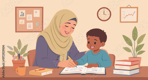Woman in hijab helping young boy with reading.