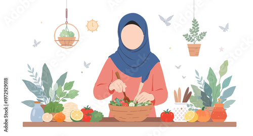 Woman in hijab preparing healthy food.