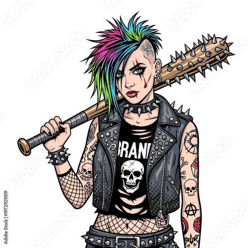 Punk Woman with Spiked Bat and Colorful Hair