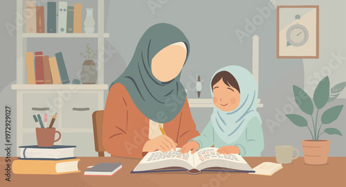 Woman and child reading together at home.