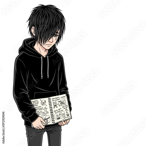 Sad emo boy holding sketchbook with drawings, looking down