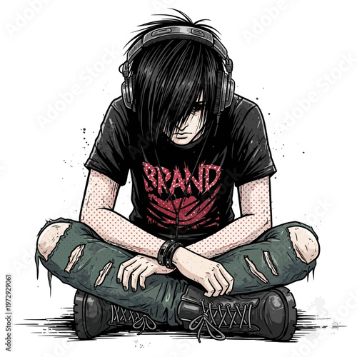 Sad emo boy with headphones listening to music, sitting cross-legged, distressed jeans