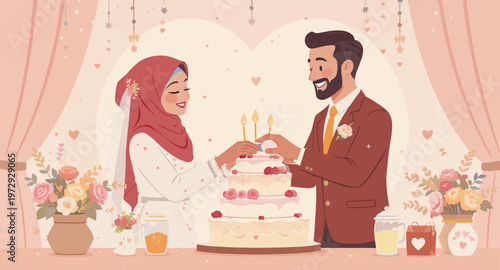 Muslim couple celebrating wedding anniversary with cake.