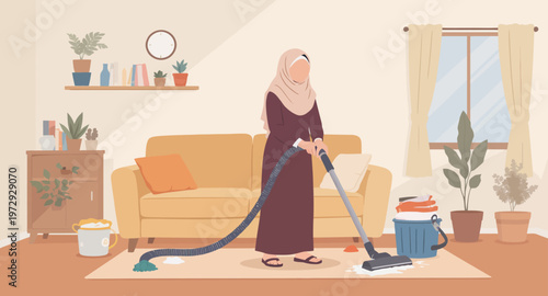 Woman vacuuming living room floor.