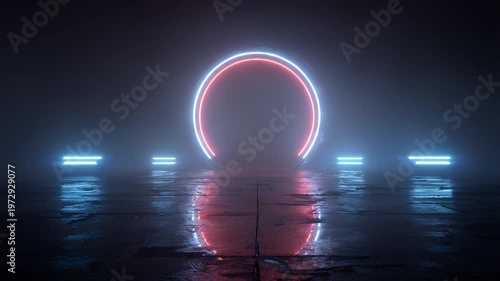 Abstract neon ring light glowing in dark misty room with reflection on wet floor creates cinematic futuristic portal effect for sci-fi atmosphere background featuring blue and red circular lamp.