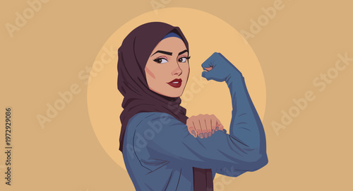 Empowered woman with hijab flexing arm.