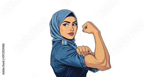 Modern empowered Muslim woman flexing her arm.