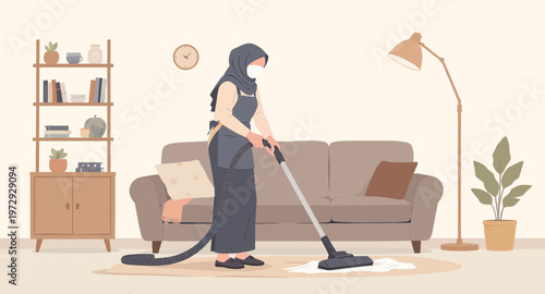 Woman vacuuming living room floor at home.