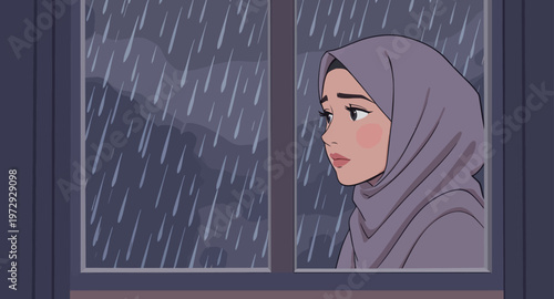 A woman in a hijab looking out the window on a rainy day.