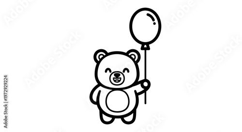 A cute cartoon bear holds a balloon in a playful scene.