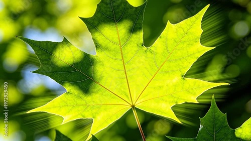 Large green leaf with palmate veins in sunlight