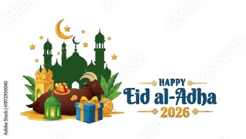 Happy Eid al-Adha 2026 Greeting Card with Goat, Mosque, and Lantern on Black Background