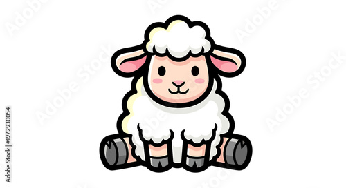 A cute cartoon sheep sits on a plain background looking adorable