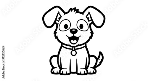 A cute dog with a collar sits happily outdoors looking friendly