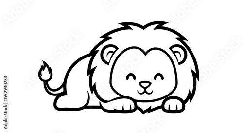 A cute lion lies on the ground looking happy and cute.