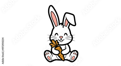 A cute white rabbit happily holds a carrot in a sitting position.