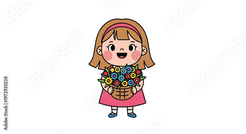 A cute little girl happily holds a vibrant bouquet of colorful flowers.