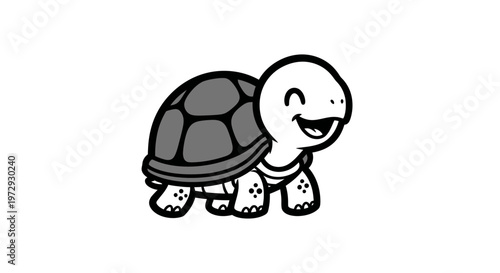 A cute turtle smiles while walking on land in a natural environment.
