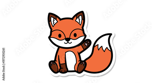 A cute cartoon fox sits on ground with bushy orange tail up.