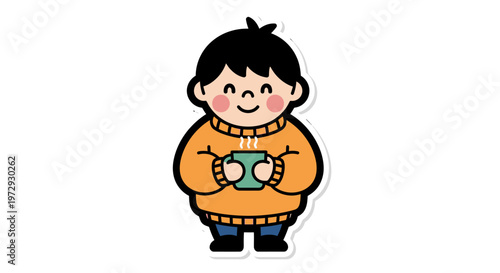 A cute cartoon boy wearing an orange sweater holds a cup.