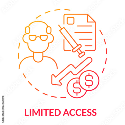 Limited Access Conceptual Illustration: An elderly individual, health documents, a syringe, downward financial trends and a dollar signs combined to show limited access.