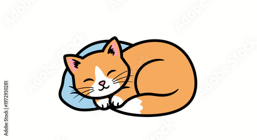 A cute orange cat sleeps peacefully on a blue cushion indoors.