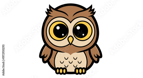 A cute cartoon owl with big yellow eyes perches on a surface.
