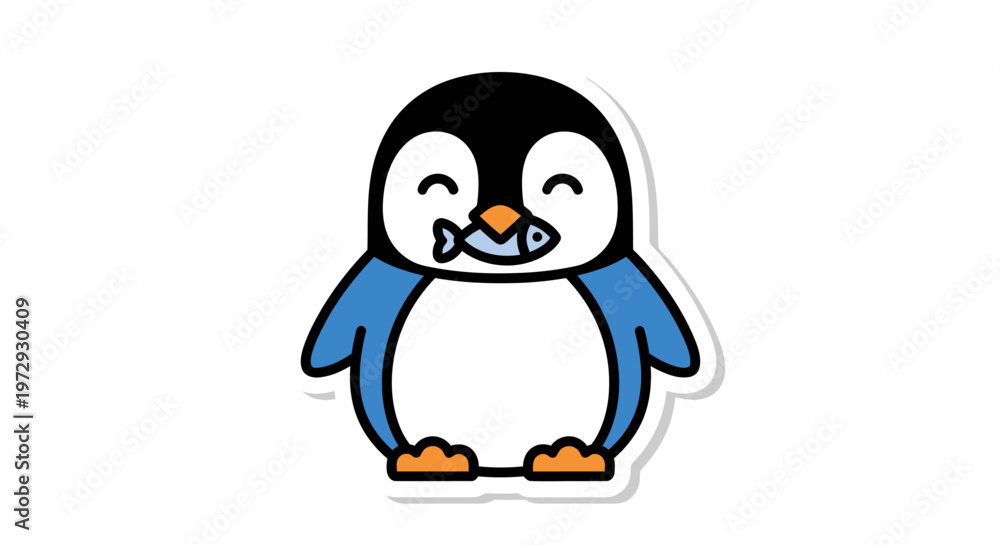Fototapeta premium A cute cartoon penguin with orange feet and beak smiles sweetly.