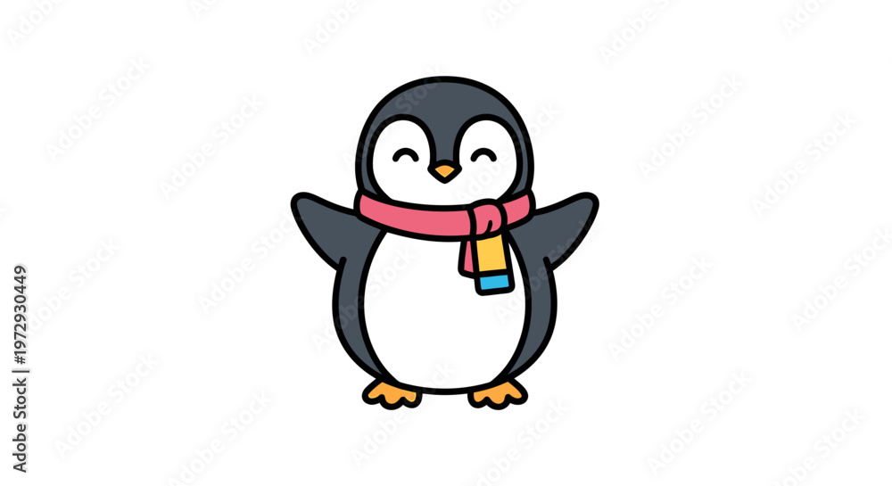 Fototapeta premium A cute cartoon penguin wearing a colorful scarf stands happily outdoors.