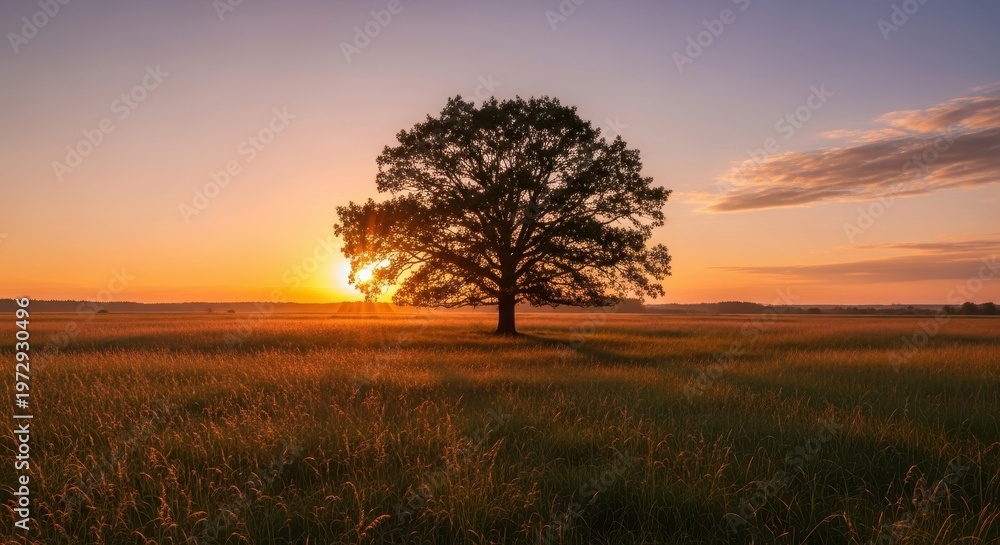Fototapeta premium Majestic Oak Tree Stands Alone in a Golden Field at Sunset.