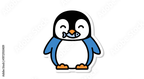 A cute cartoon penguin with orange feet and beak smiles sweetly.