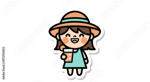 A cute cartoon girl wearing a hat holds a drink outdoors.