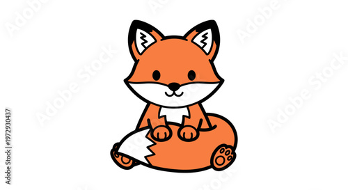 A cute cartoon fox sits cross-legged on the ground looking adorable