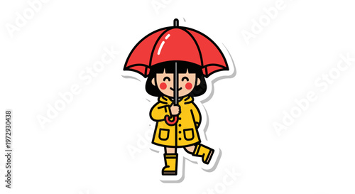 A cute little girl in a yellow raincoat walks under a red umbrella on a rainy day.