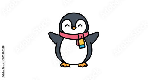 A cute cartoon penguin wearing a colorful scarf stands happily outdoors.