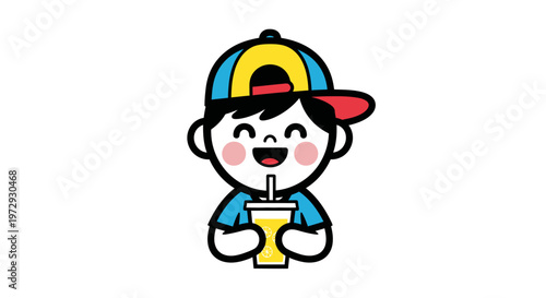 A cute boy wearing colorful hat drinks juice with happy face