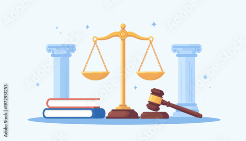 A lawyer presents justice with gavel, books, and scales in a courtroom.