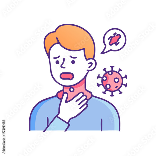 Man with sore throat, fever, and cough, symptoms of flu or coronavirus infection
