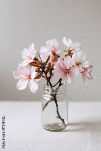 Delicate Pink Cherry Blossoms in a Clear Glass Jar.